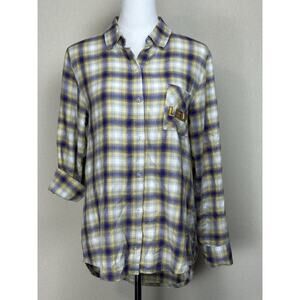 Women’s Plaid Flannel Button-Down LSU Tiger Shirt With Roll-Up Sleeves Sz M